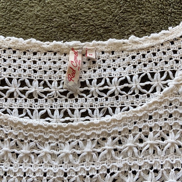 Red Camel Ecru Texture Chunky Open Weave Crochet Top Boho Cap Sleeve Sz M - Picture 5 of 9